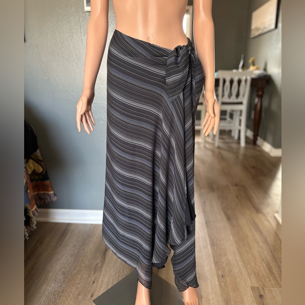 Striped Black, Gray and Blue Silk Wrap Skirt